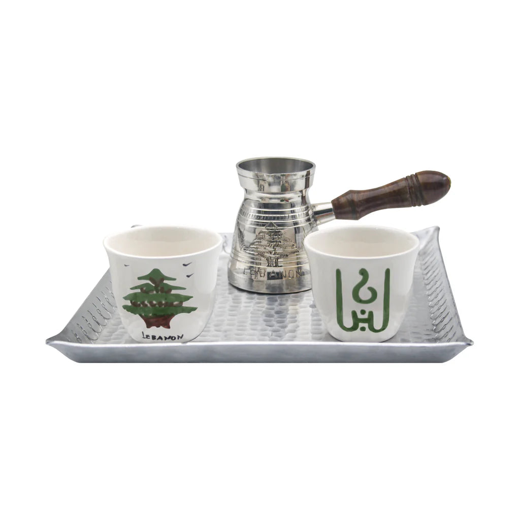 Handmade Lebanese Cedar traditional coffee set with aluminum coffee pot and ceramic cups crafted in Lebanon