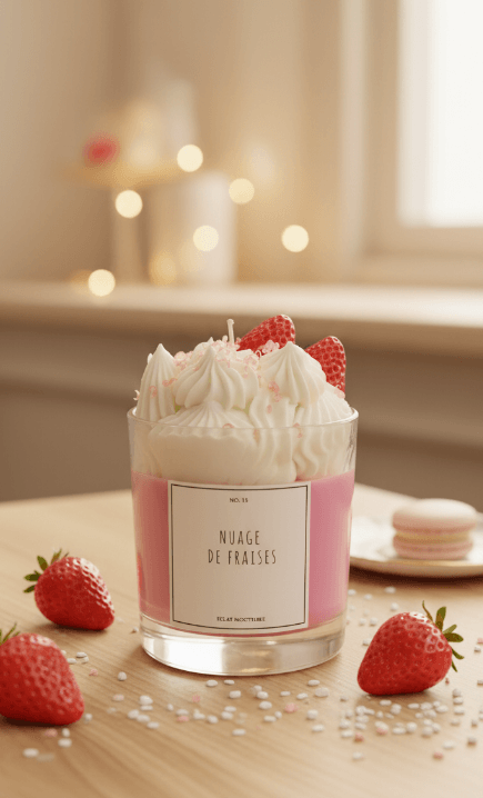 strawberry cream scented soy wax candle with whipped topping and fresh strawberry design by eclat nocturne in Lebanon