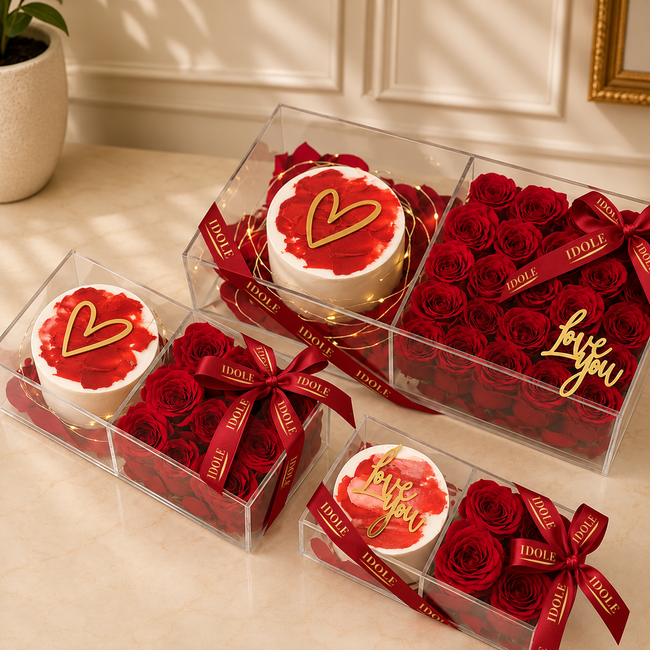Sweet Romance roses and mini cake in clear plexi gift boxes for Lebanon delivery