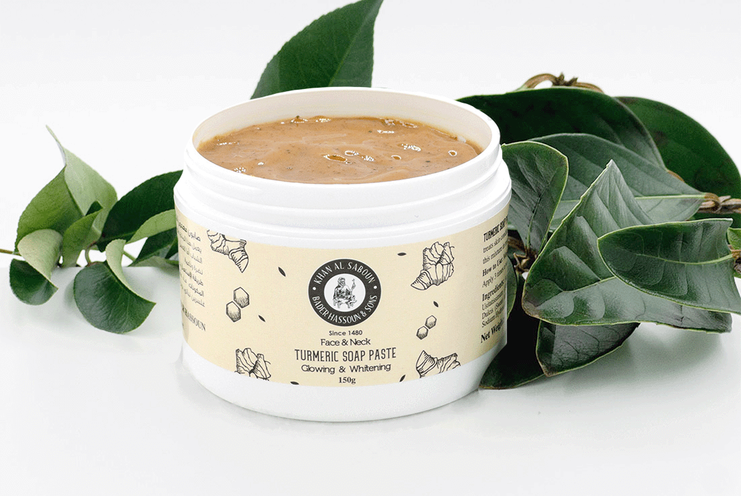 Turmeric soap paste jar by Khan Al Saboun with natural skincare presentation in USA
