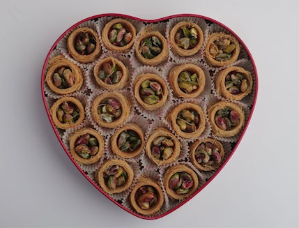 Heart-shaped tin of Ich El Bilbol Lebanese pistachio pastries by Douaihy Sweets