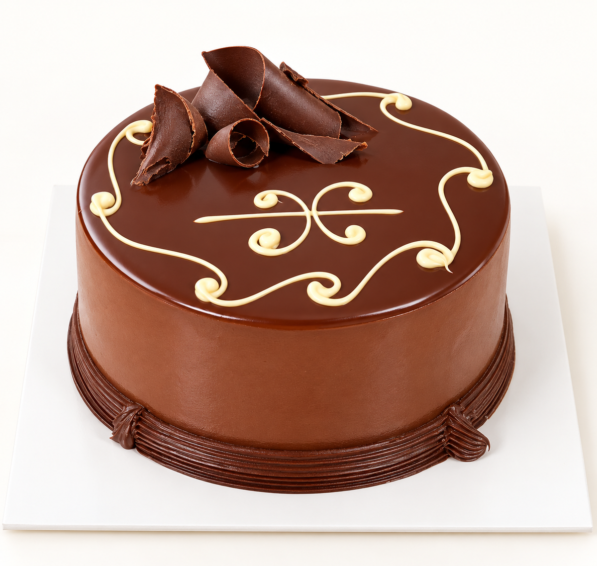 Round Bahamas banana cream and chocolate cake; 20 and 25 person sizes are rectangular