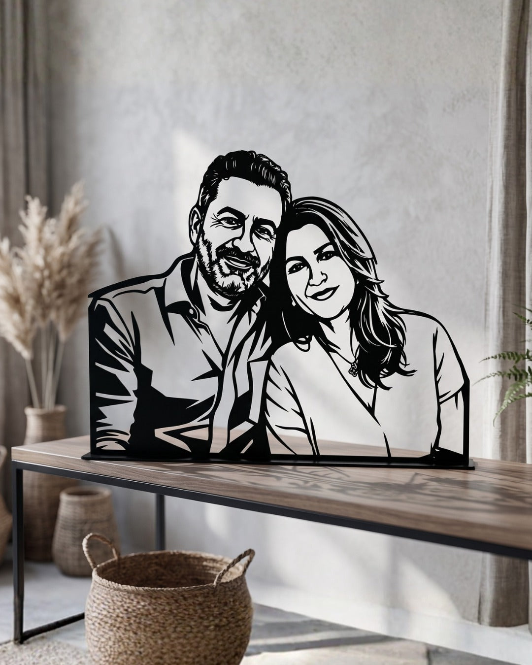 Portret Lebanon black steel couple portrait displayed in a home setting – personalized laser-cut art that blends with any wall color