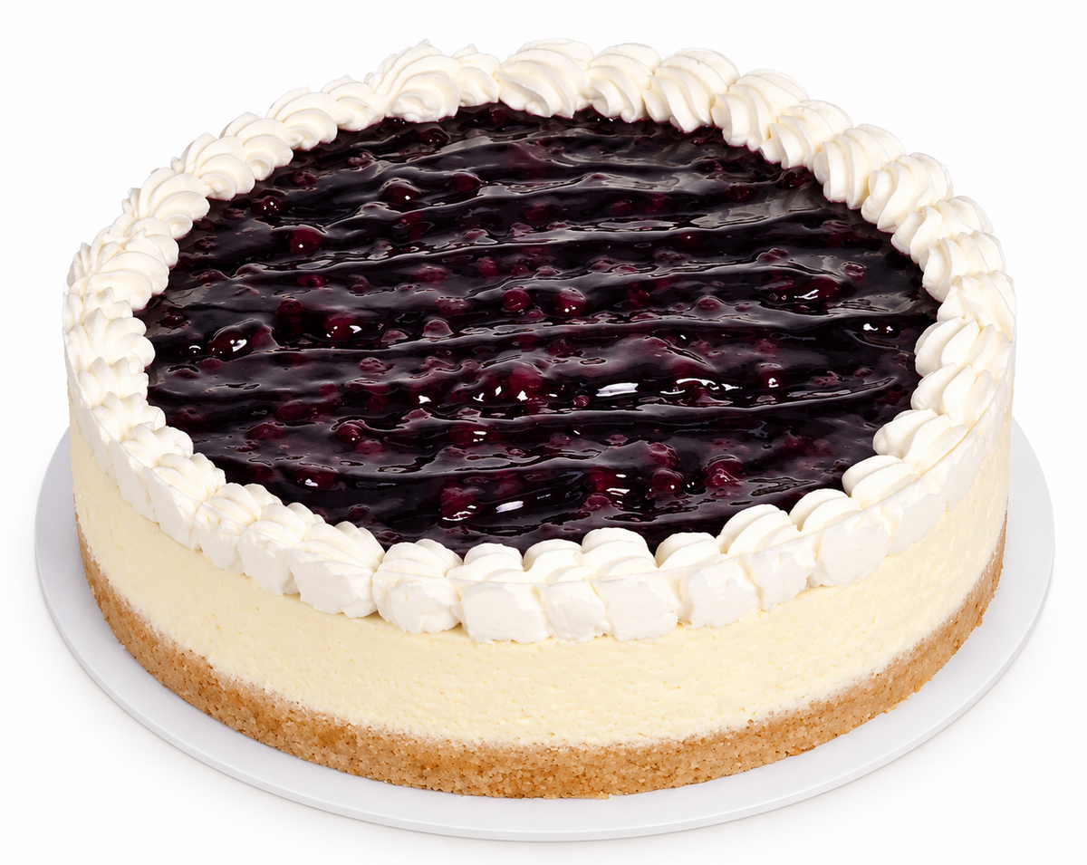 Round blueberry cream cheesecake with digestive biscuit base and blueberry topping