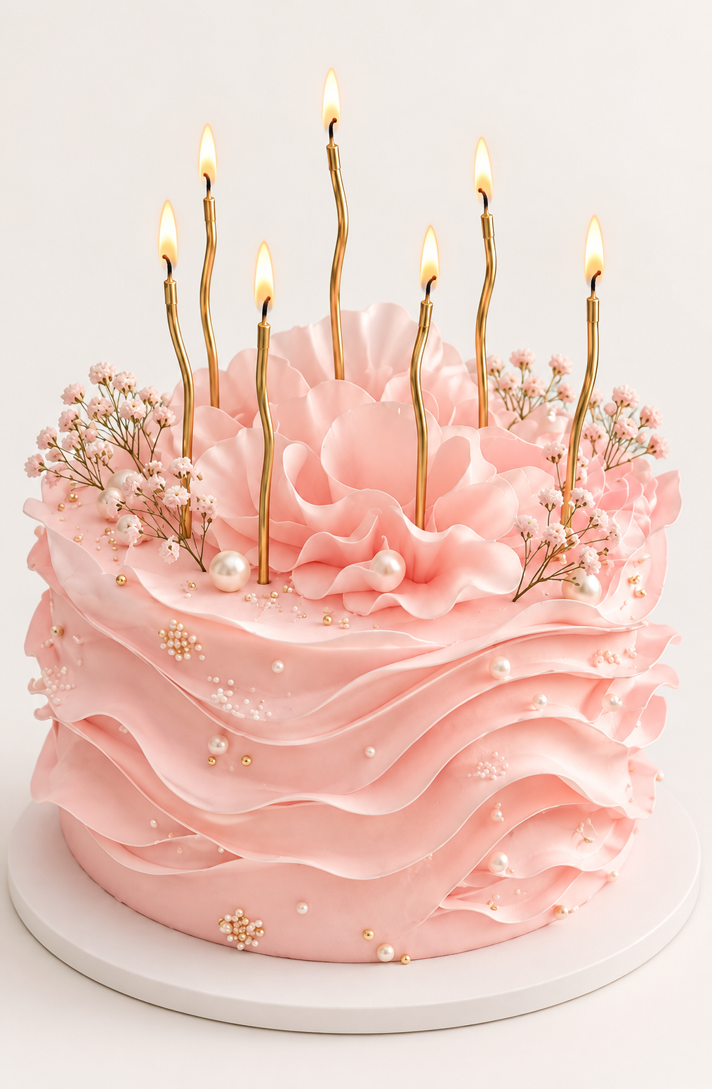 Blush pink ruffle flower cake with delicate blossoms and gold candles