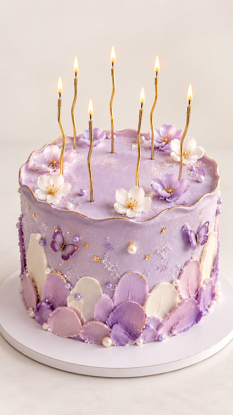 Lavender butterfly flower cake with candles and no lettering