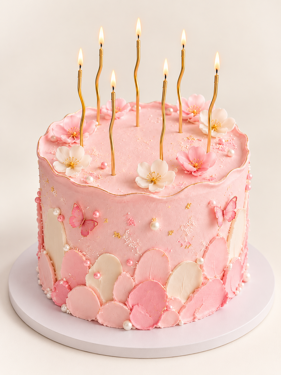 Pink butterfly flower cake with candles and no lettering