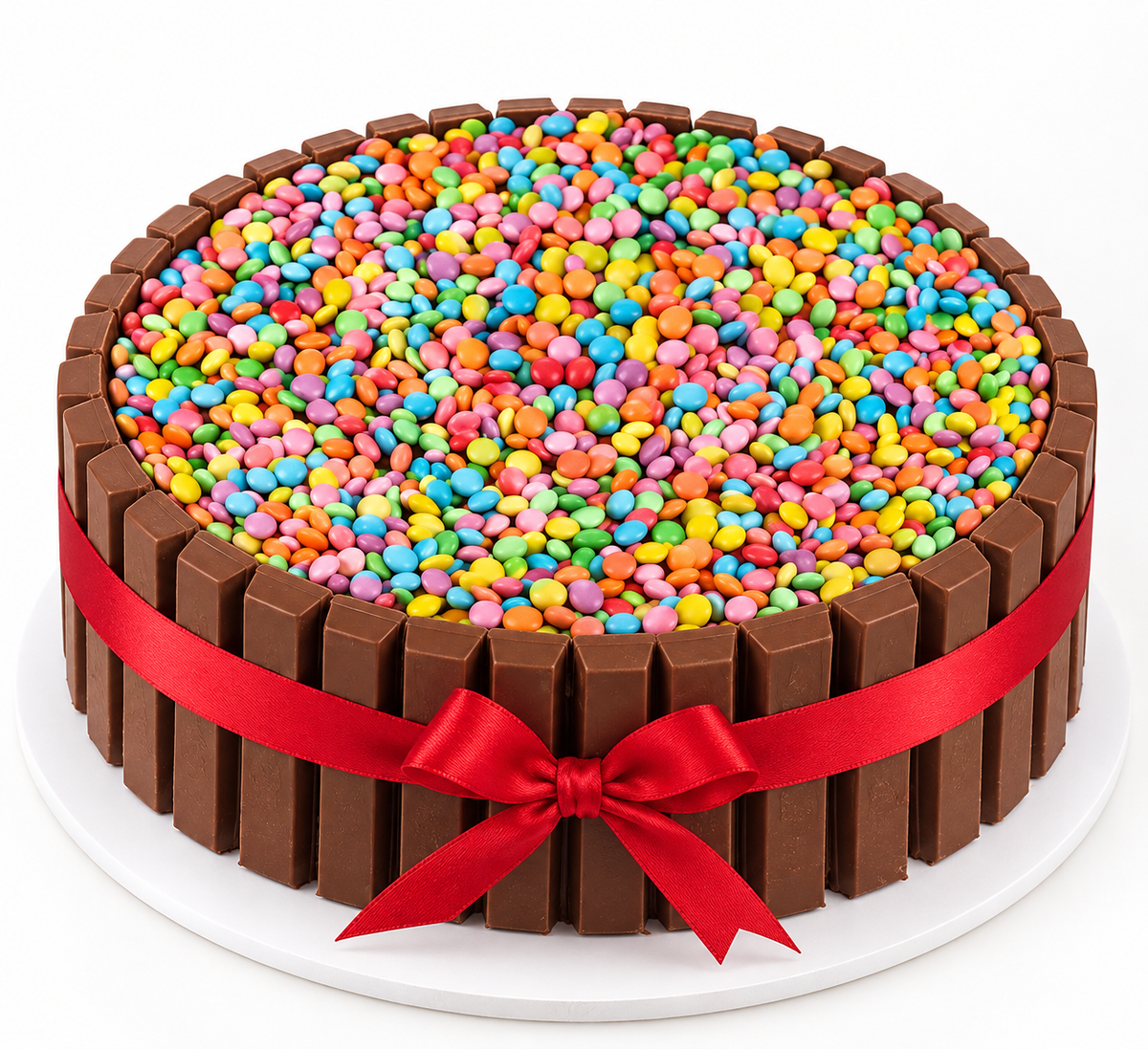 Round chocolate candy barrel cake with chocolate bars and colorful candy; 20 and 25 person sizes are rectangular