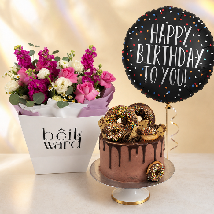 Colorful Birthday Flowers, Cake & Balloon Bundle by Idole Lebanon LLC