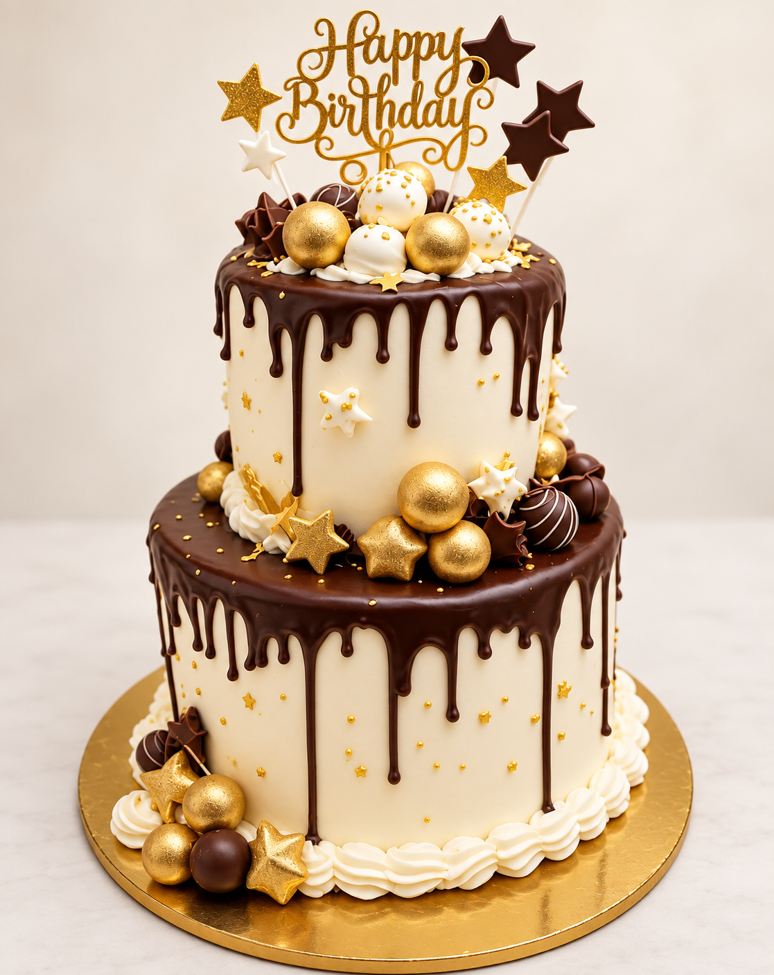 Two-tier birthday cake with chocolate drip, gold stars and Happy Birthday topper