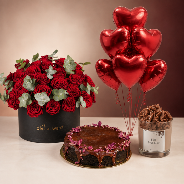 Grand Romance Ultimate Roses, Cake, Balloons & Candle Bundle by Idole Lebanon LLC