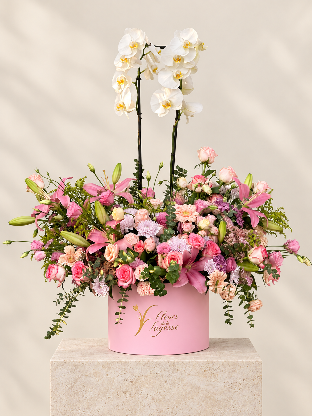 Grateful orchid and pink flower arrangement by Fleurs De La Sagesse, available for delivery in Lebanon
