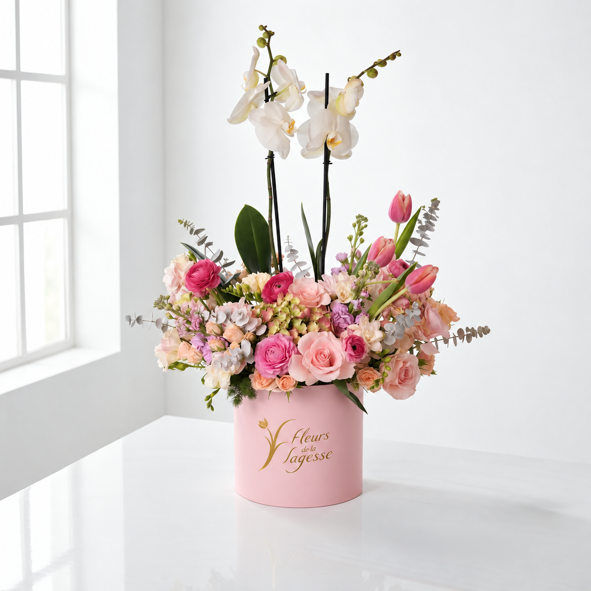 Grateful Petite orchid and pink flower arrangement by Fleurs De La Sagesse for delivery in Lebanon