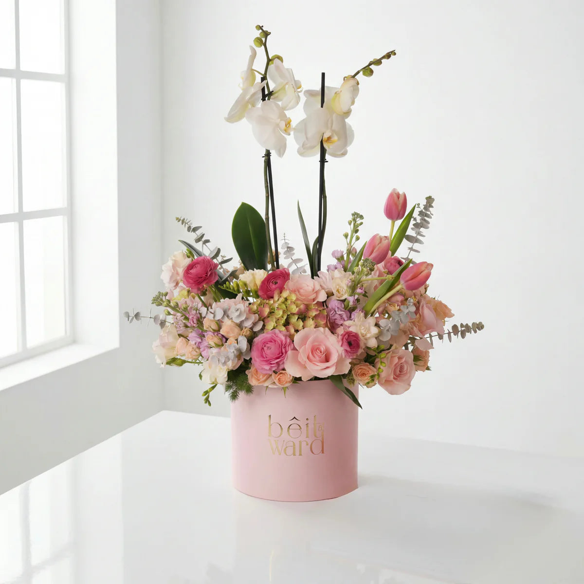 Luxury orchid and pink flower arrangement in box Beirut Lebanon
