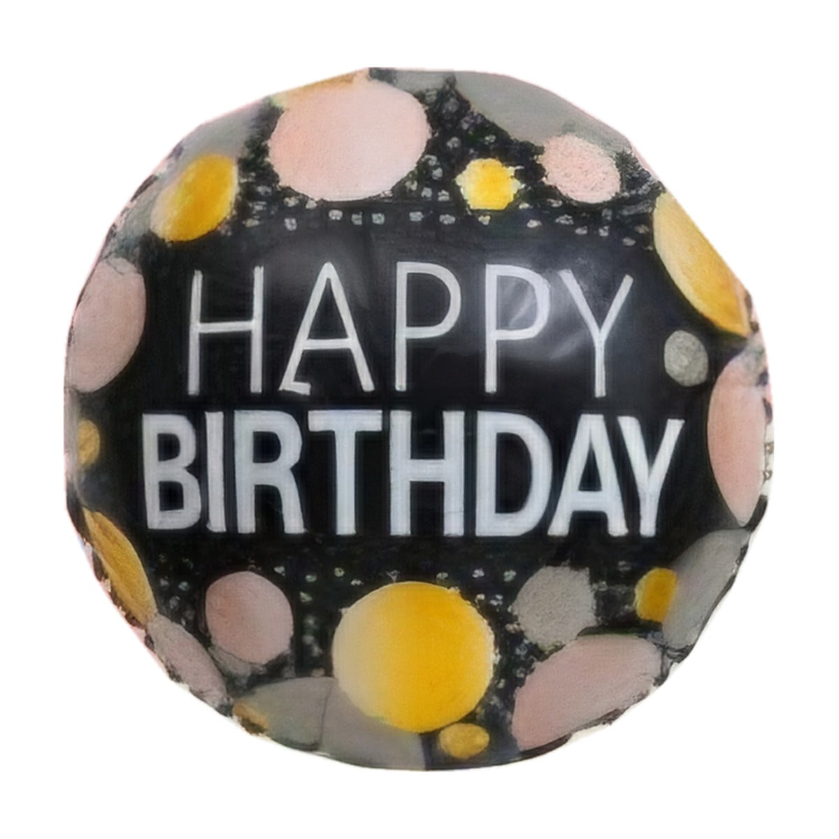 18-inch Happy Birthday foil balloon, Black & Blush Dots design: black with white 'Happy Birthday' text and blush, gold and grey dots