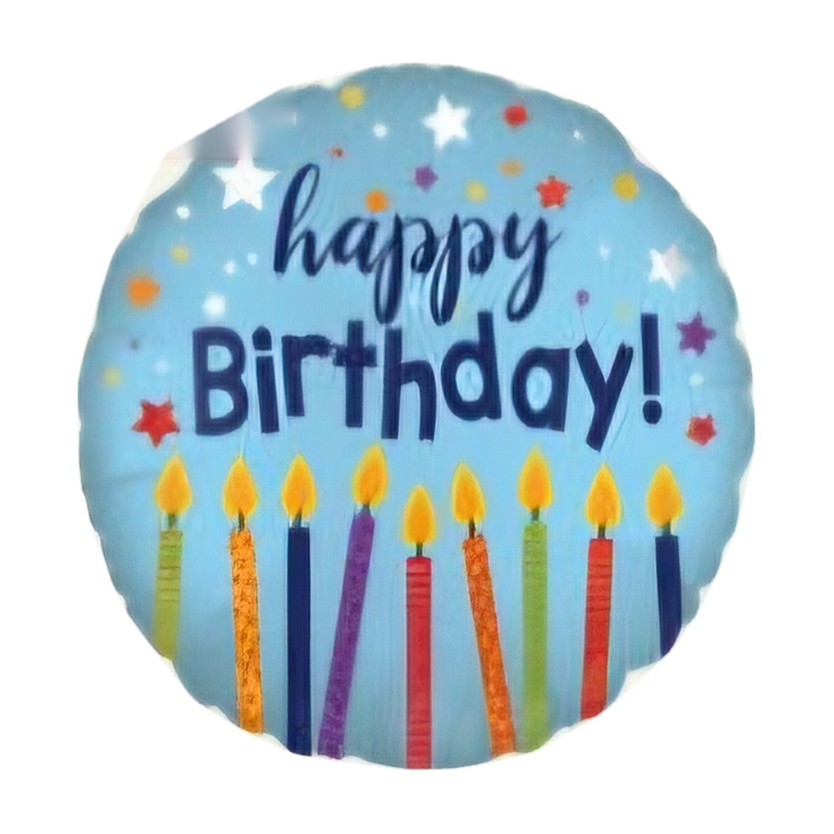 18-inch Happy Birthday foil balloon, Blue Birthday Candles design: light blue with 'Happy Birthday!' text, stars and a row of colourful candles