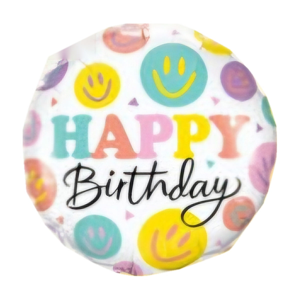 18-inch Happy Birthday foil balloon, Happy Smiles design: white with pastel smiley faces and 'Happy Birthday' in colourful and script letters
