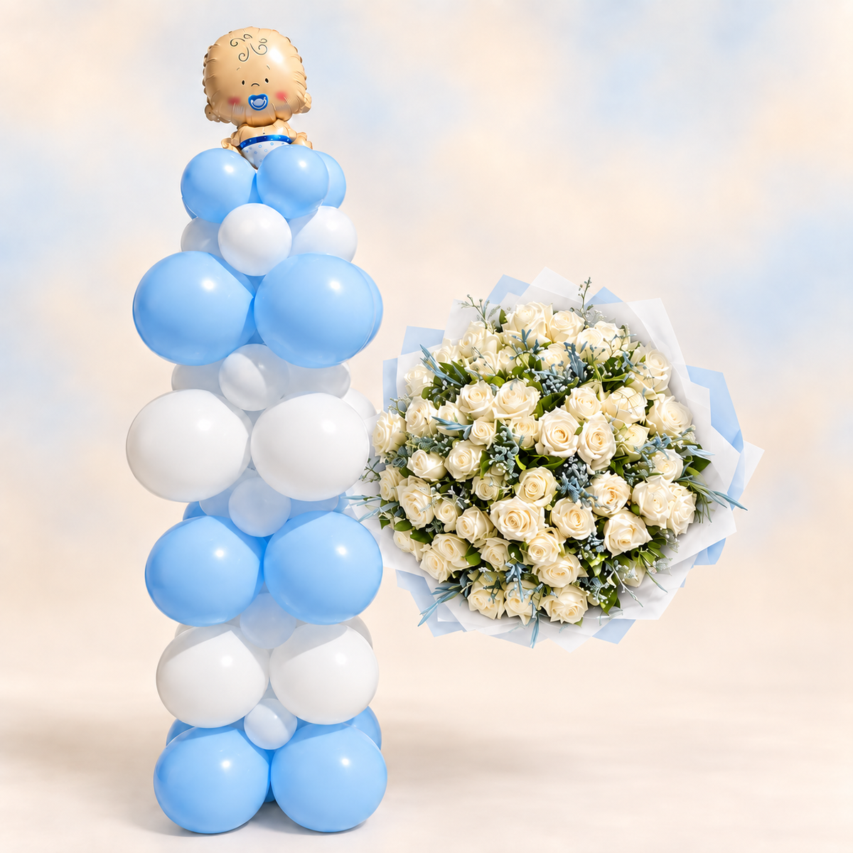 Hello Baby Boy blue and white balloon arrangement with ivory rose bouquet in Lebanon