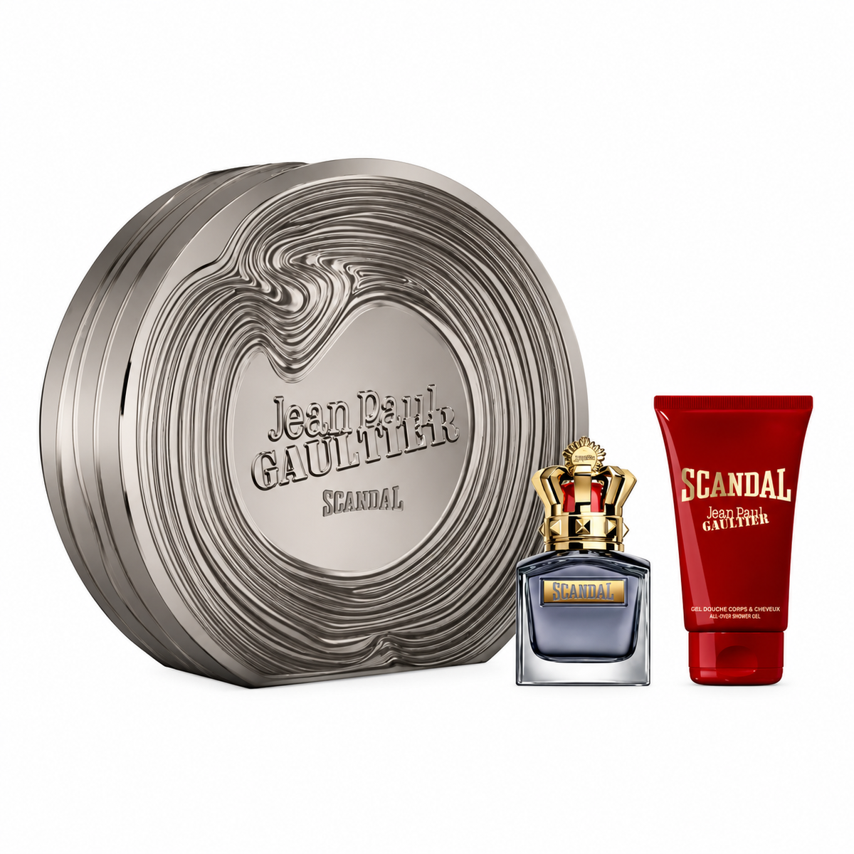 Jean Paul Gaultier Scandal For Him gift set with silver presentation tin, crowned fragrance bottle and red shower gel tube.