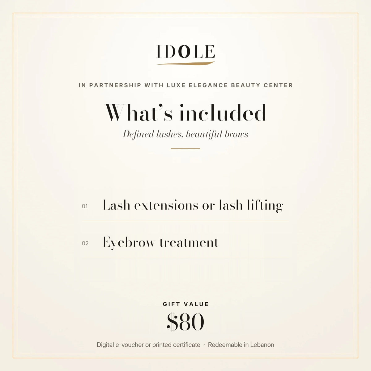 What's included in the Lash & Brow gift voucher: lash extensions or lash lifting, plus an eyebrow treatment, $80