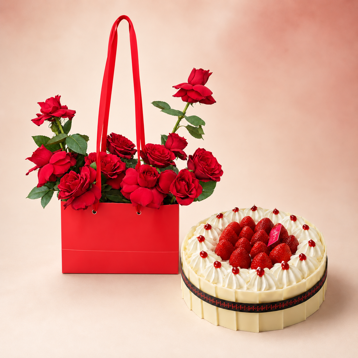 Love in Bloom bundle with Mon Amour red roses in a red gift bag and strawberry vanilla cream cake
