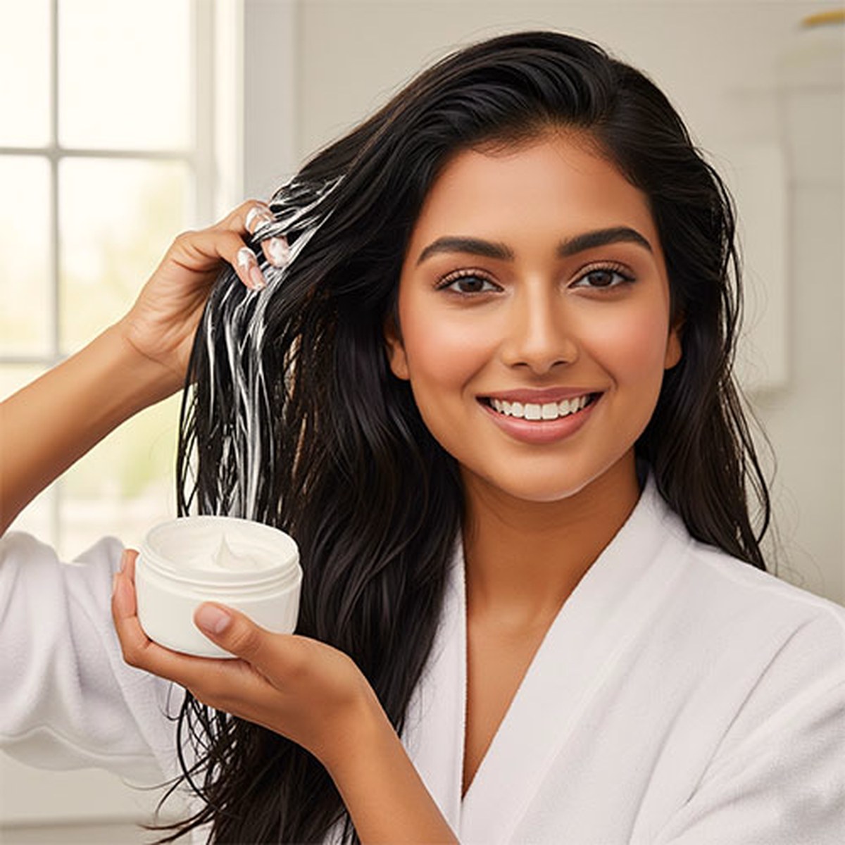 Smiling woman in a white robe applying a creamy nourishing hair mask to long dark hair, the hair mask option of the Hair Glow treatment