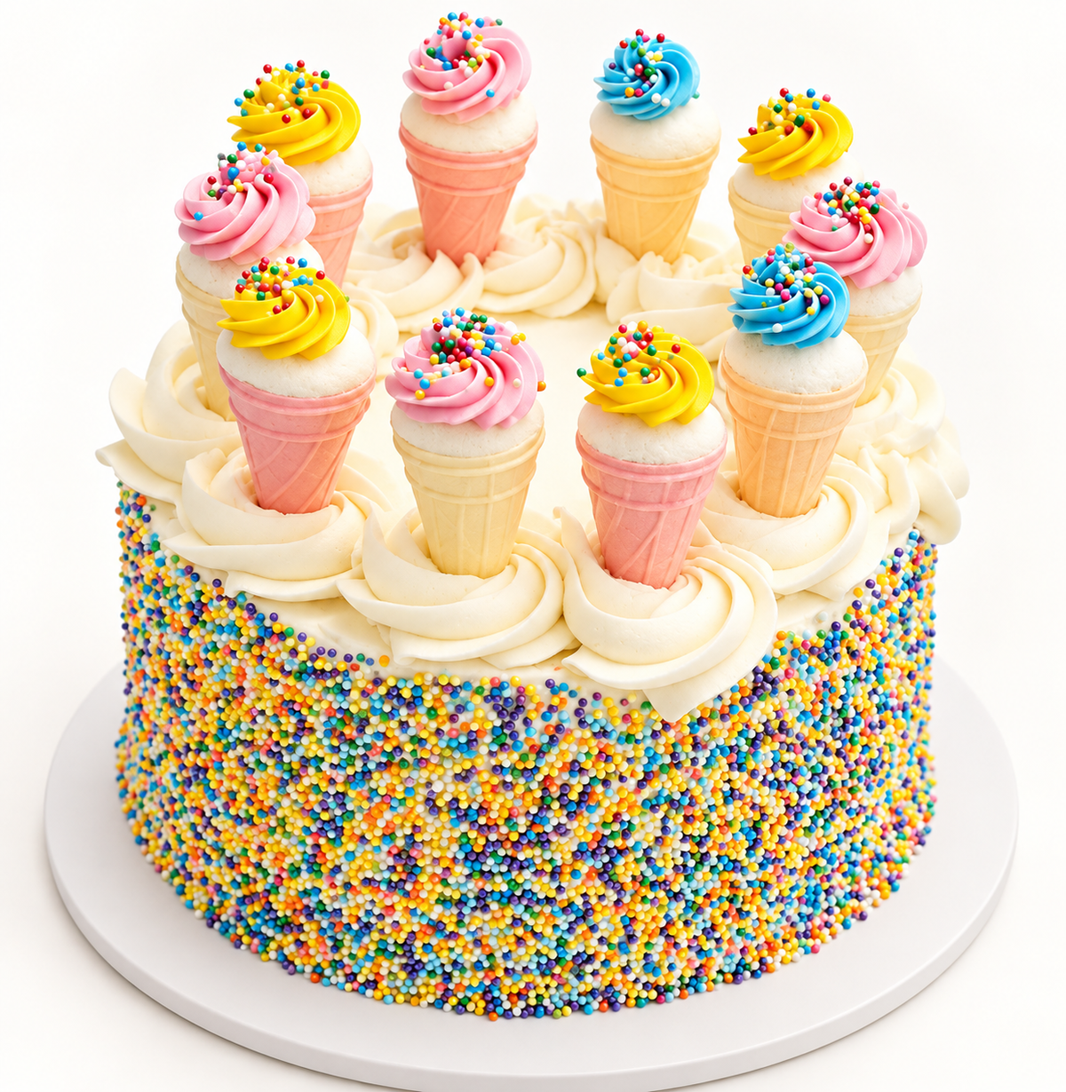 Round colorful sprinkle cake topped with pastel ice cream cone decorations; 15-person option is rectangular