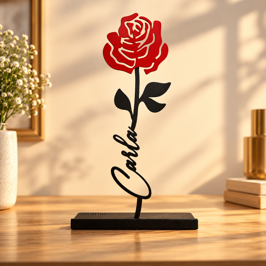 Red personalized steel rose with custom name
