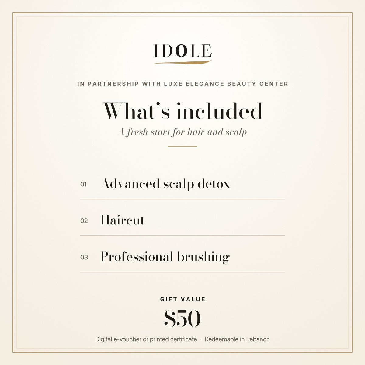 What's included in the Advanced Scalp Detox gift voucher: advanced scalp detox, haircut and professional brushing, $50