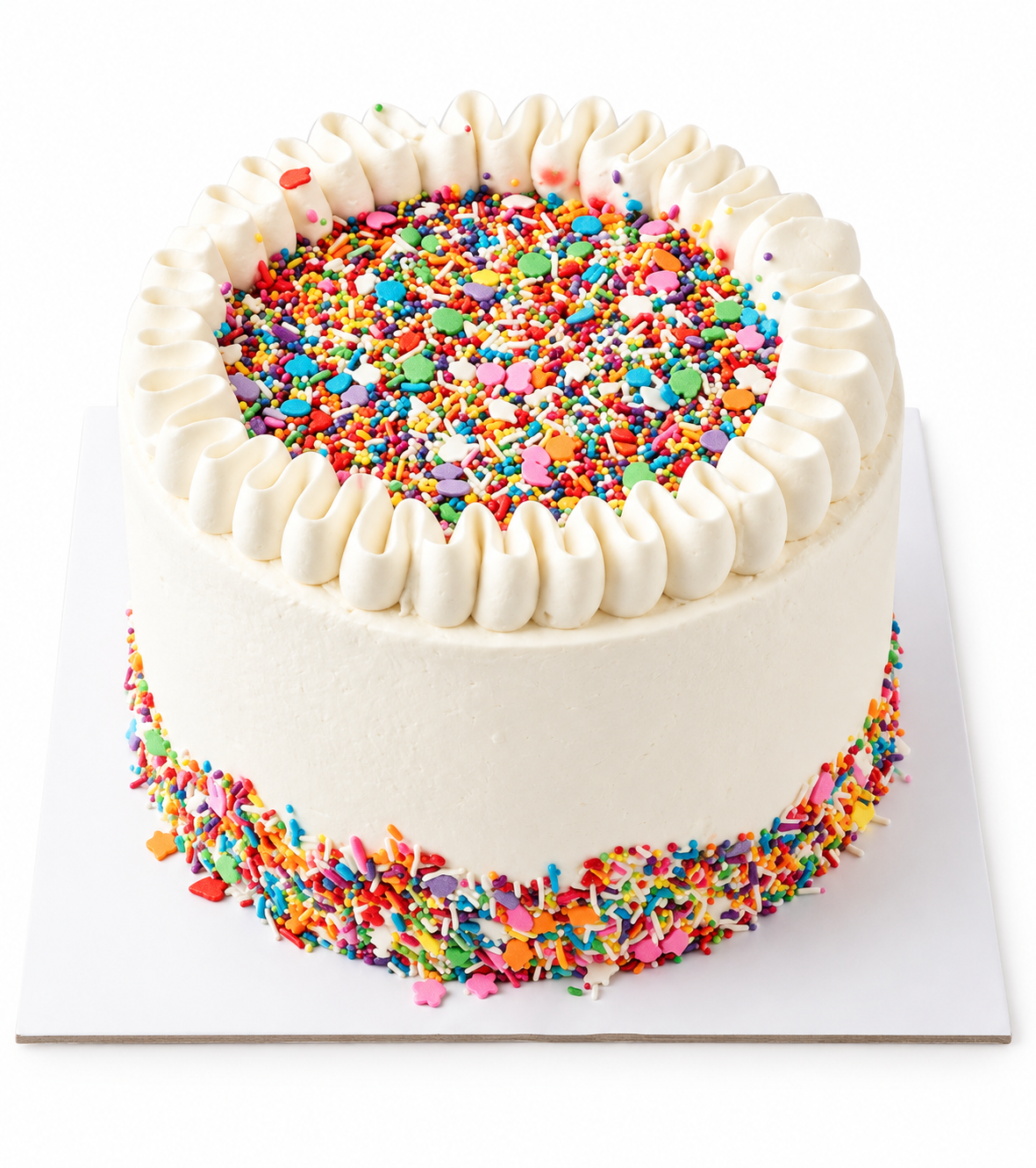 Round vanilla confetti cream cake with colorful sprinkles; 15-person size is rectangular