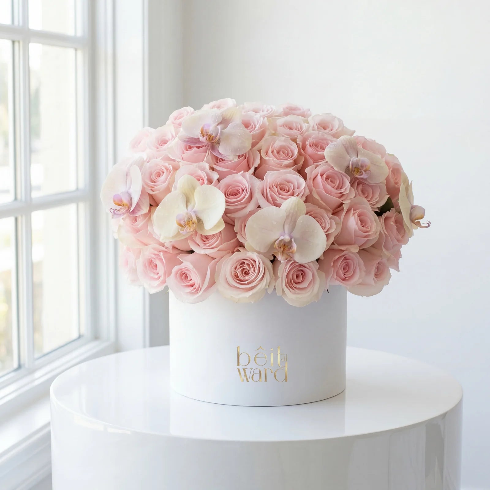Luxury box of 60 pink roses with white orchids in Beirut Lebanon by Beit El Ward
